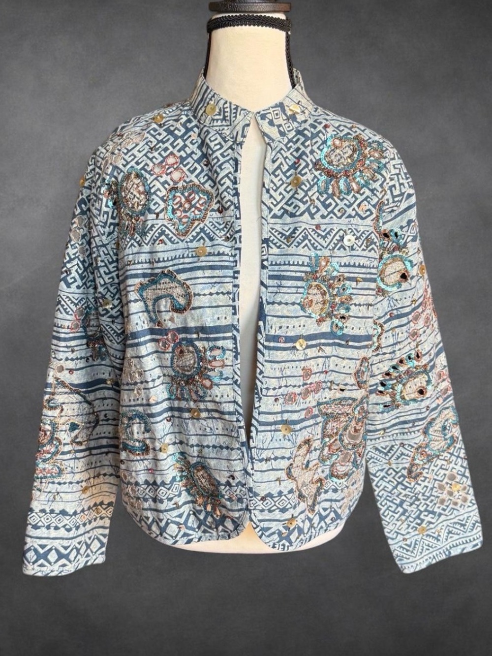 Chico’s Embellished Linen Blend Sequin Embroidered Jacket - Size 1